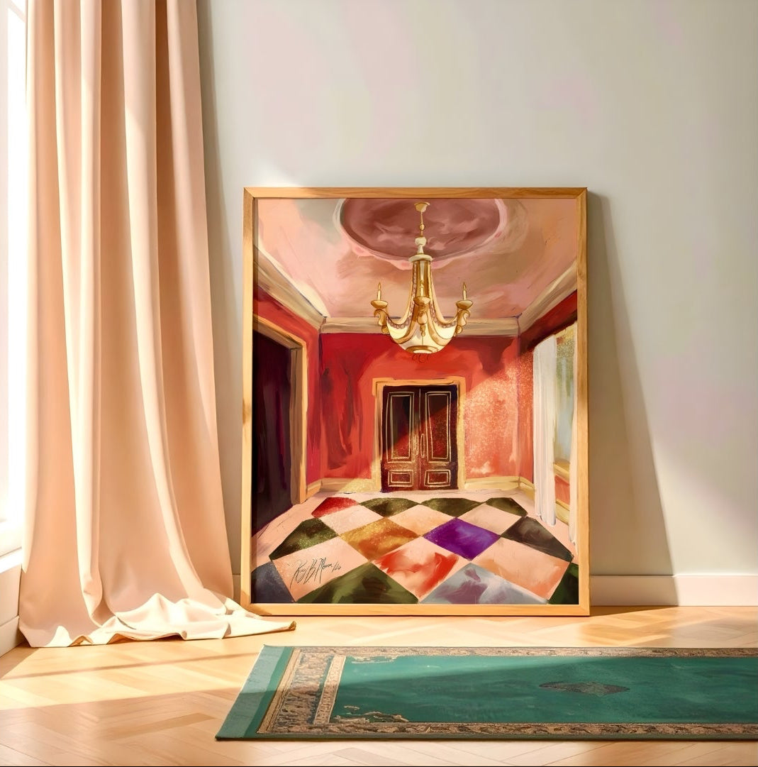 Framed artwork of a colorful hallway with a chandelier, leaning against a white wall.